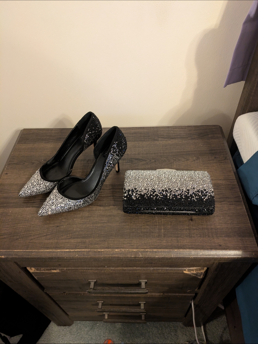White House Black Market Black Crystal-Accented Stiletto Heels & Matching Purse